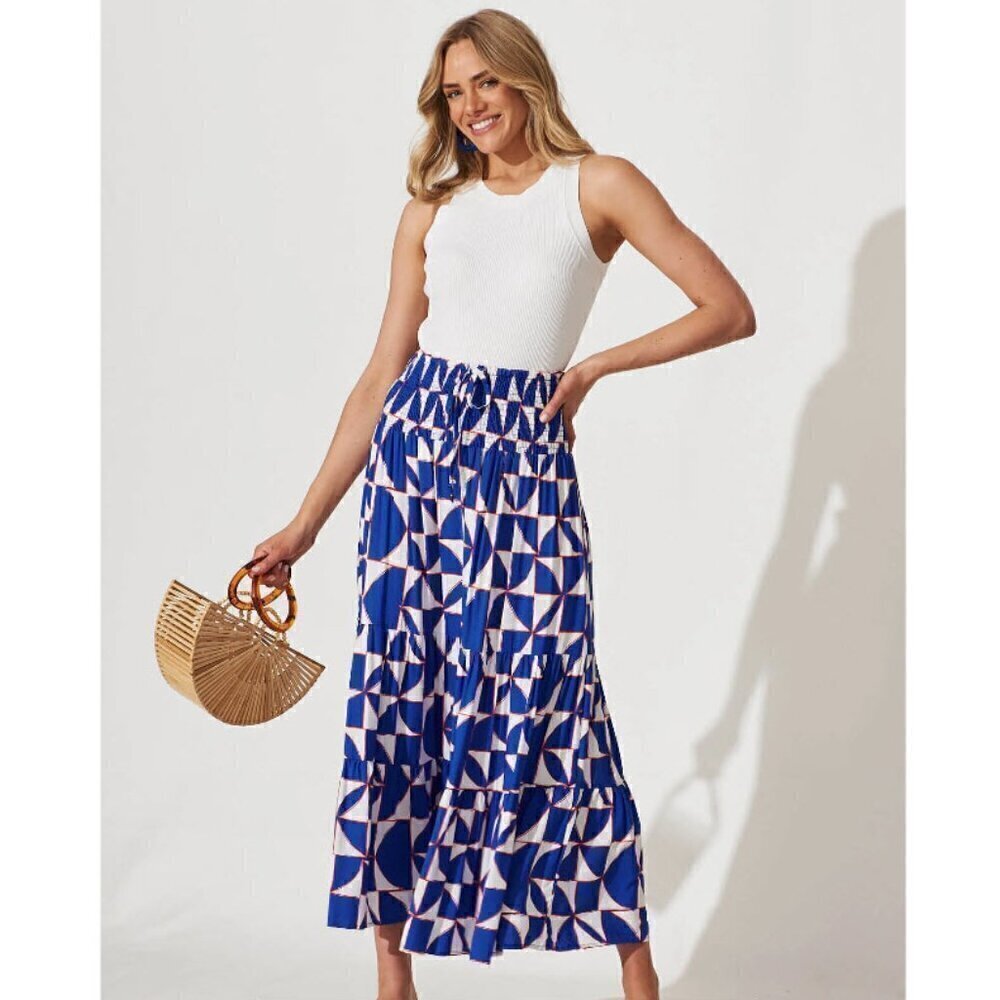NWT Abel the Label Tasmin Smocked Maxi Skirt XS Blue White Resort